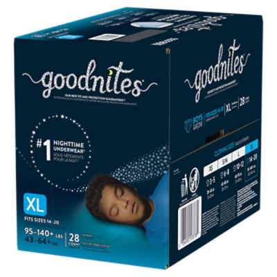 Goodnites Boys' Nighttime Bedwetting Underwear, Size Extra Large (95-140+  lbs), 28 Ct - 28 ea