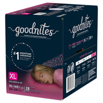 Goodnites Nighttime Girls Underwear, Fits Sizes 14-20 XL, 95-140+