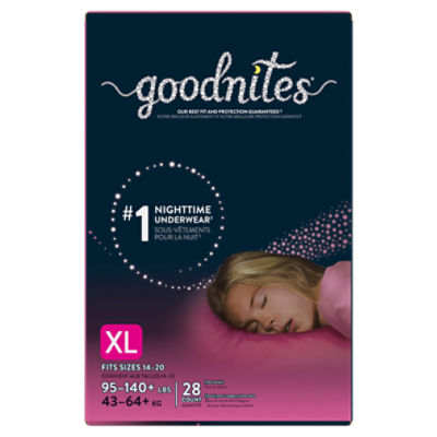 Goodnites Nighttime Girls Underwear, Fits Sizes 14-20 XL, 95-140+ lbs, 28  count - ShopRite