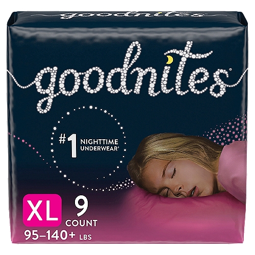 goodnites NightTime Girls Underwear, Fits Sizes 14-20, XL, 95-140+ lbs, 9 count
Keep your child dry and worry free with the #1 Nighttime Underwear* for bedwetting. Goodnites provide our best fit and protection guaranteed** for kids age 3 and up. These disposable bedwetting pants feature 5 Layer Protection to absorb & lock away wetness and reinforced, Double Leg Barriers to help eliminate leaks. Our most comfortable nighttime protection, Goodnites also feature a super stretchy waistband for an underwear like fit that accommodates all body shapes. Unlike training pants, Goodnites bedwetting underwear discreetly absorb odor and offer 40% more protection vs. the leading training pant. Plus, your child will love going to bed wearing her favorite Disney princess designs. Goodnites Girls' Bedwetting Underwear offer more sizes for a comfortable, tailored fit up to 140+ lb. and are available in Size XS (28-43 lb.), S/M (43-68 lb.), L (68-95 lb.), and XL (95-140+ lb.). FSA/HSA-eligible in the U.S. (*Youth Pant category share data) (**See Goodnites website for details)