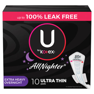 U by Kotex AllNighter Ultra Thin Extra Heavy Overnight Pads with Wings, 10 Count