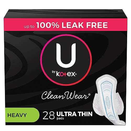U by Kotex CleanWear Heavy Ultra Thin Pads with Wings, 28 count
Get the ultra thin pad that keeps up with you and your day. U by Kotex CleanWear Ultra Thin Pads with Wings features a unique ComfortFlex design that fits and flexes with your body for outstanding skin comfort. With up to 100% leak free protection, you can feel confident and worry-free. The uniquely shaped Tru-Fit wings ensure your menstrual pad has a secure fit so you can focus on your day, not your period. Ultra thin and absorbent, these unscented pads are individually wrapped in vibrant colors and patterns inspired by the latest fashion trends.For all night protection in any sleep position, try U by Kotex Allnighter Pads with Wings, available in two absorbencies - Overnight and Extra Heavy Overnight. U by Kotex feminine pads are FSA/HSA/HRA-eligible in the U.S. Packaging may vary from images shown.

With ComfortFlex® for Your Perfect Fit

EasyWings™ fit underwear perfectly for a secure fit
Unique Xpress Dri® - Core absorbs in seconds and locks away wetness to help stop leaks
ComfortFlex® design fits and flexes for outstanding skin comfort