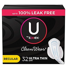 U by Kotex CleanWear Ultra Thin Regular with Wings, Pads, 32 Each