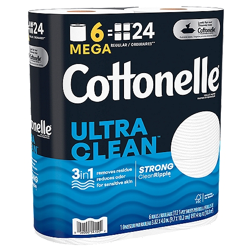 Cottonelle Ultra Clean Strong Mega Rolls Toilet Paper, 6 countnDiscover the power of all day fresh feeling with Cottonelle Ultra Clean Toilet Paper. With Cottonelle Ultra Clean Toilet Paper, you get 6 Mega Rolls of 312 sheets, so you have plenty of toilet paper for you and your loved ones. Our septic-safe, 1-ply toilet tissue paper is 3x stronger** and 2x more absorbent** for a superior clean***. Our toilet tissue rolls are even conveniently designed to fit standard roll holders and each Mega Roll lasts 4x longer than the leading brand's regular roll. Plus, our bath tissue toilet paper is free of added perfumes and dyes and paraben-free. Wondering if our bathroom toilet paper is sustainable? Good news! Our biodegradable bathroom tissue paper is sourced from responsibly managed forests and made with water and renewable plant-based fibers, so you can feel ahhh-mazing whenever you buy Cottonelle. *vs. leading value brand regular rolls **vs. leading value brand ***per sheet vs. leading value brand