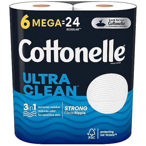 Get the superior clean you've been waiting for with Cottonelle Ultra Clean Toilet Paper, designed to clean three ways in one. The soft, yet strong cleaning ripples are safe for sensitive skin and removes residue that can cause irritation and odor-causing bacteria. The Cadillac of 1-ply toilet paper, Cottonelle Ultra Clean toilet tissue is 3x stronger than the leading value brand in order protect your hands as you cleanup, and is still septic-safe and clog-free. Each Cottonelle Mega Roll has 312 sheets per roll so you can worry less about running out when you or guests at your home need it most. Looking for more ways to feel clean down there after taking care of business? Use Cottonelle flushable wet wipes to feel shower fresh 3x longer***. Conveniently remain stocked on toilet paper by ordering Cottonelle for delivery to your door or pickup curbside. Cottonelle cares about you and our planet. We are proud to be FSC certified ensuring the forests we source from are responsibly managed to prevent deforestation and help protect the trees and animals that depend on them. We also use fibers that are 100% plant-based and no harsh chemicals or dyes.*vs. leading value brand regular rolls **vs. leading value brand ***using dry + wet vs dry alone