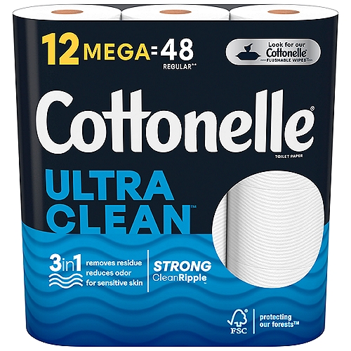 Cottonelle Ultra Clean Strong Mega Rolls Toilet Paper, 12 countnDiscover the power of all day fresh feeling with Cottonelle Ultra Clean Toilet Paper. With Cottonelle Ultra Clean Toilet Paper, you get 12 Mega Rolls of 312 sheets, so you have plenty of toilet paper for you and your loved ones. Our septic-safe, 1-ply toilet tissue paper is 3x stronger** and 2x more absorbent** for a superior clean***. Our toilet tissue rolls are even conveniently designed to fit standard roll holders and each Mega Roll lasts 4x longer than the leading brand's regular roll. Plus, our bath tissue toilet paper is free of added perfumes and dyes and paraben-free. Use with Cottonelle Flushable Wipes to feel shower fresh! If you love how Cottonelle delivers a confident clean, this is the size for you: Stock up and save with Cottonelle bulk toilet paper. Wondering if our bathroom toilet paper is sustainable? Good news! Our biodegradable bathroom tissue paper is sourced from responsibly managed forests and made with water and renewable plant-based fibers, so you can feel ahhh-mazing whenever you buy Cottonelle. *vs. leading value brand regular rolls **vs. leading value brand ***per sheet vs. leading value brand