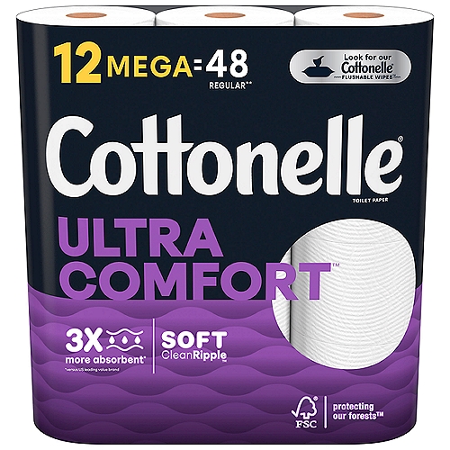 Cottonelle Ultra Comfort Mega Rolls Toilet Paper, 12 countnDiscover the power of all day fresh feeling with Cottonelle Ultra Comfort Toilet Paper. With Cottonelle Ultra Comfort Toilet Paper, you get 12 Mega Rolls of 268 sheets, so you have plenty of toilet paper for you and your loved ones. Our septic-safe, 2-ply toilet tissue paper is 3x more absorbent** and 3x thicker*** for a superior clean***. Our toilet tissue rolls are even conveniently designed to fit standard roll holders and each Mega Roll lasts 4x longer than the leading brand's regular roll. Plus, our softest, most absorbent and thickest bath tissue toilet paper is free of added perfumes and dyes and paraben-free. Use with Cottonelle Flushable Wipes to feel shower fresh! If you love how Cottonelle delivers a confident clean, this is the size for you: Stock up and save with Cottonelle bulk toilet paper. Wondering if our bathroom toilet paper is sustainable? Good news! Our biodegradable bathroom tissue paper is sourced from responsibly managed forests and made with water and renewable plant-based fibers, so you can feel ahhh-mazing whenever you buy Cottonelle. *vs. leading value brand regular rolls **vs. leading value brand ***per sheet vs. leading value brand