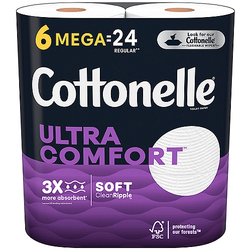 Get the superior performance and softness you've been waiting for with Cottonelle Ultra Comfort Toilet Paper, designed to leave you comfortably dry. The extra soft cleaning ripples are safe for sensitive skin and cleans gently while removing more moisture*. Premium, soft 2-ply toilet paper, Cottonelle Ultra Comfort toilet tissue is 3x more absorbent than the leading value brand in order protect your hands and bottom as you cleanup. Cottonelle is septic-safe and clog-free. Each Mega Roll has 268 sheets per roll so you can worry less about running out when you or guests at your home need it most. Looking for more ways to feel clean down there after taking care of business? Use Cottonelle flushable wet wipes to feel shower fresh 3x longer***. Conveniently remain stocked on toilet paper by ordering Cottonelle for delivery to your door or pickup curbside. Cottonelle cares about you and our planet. We are proud to be FSC certified ensuring the forests we source from are responsibly managed to prevent deforestation and help protect the trees and animals that depend on them. We also use fibers that are 100% plant-based and no harsh chemicals or dyes.*vs. leading value brand regular rolls **vs. leading value brand ***using dry + wet vs dry alone