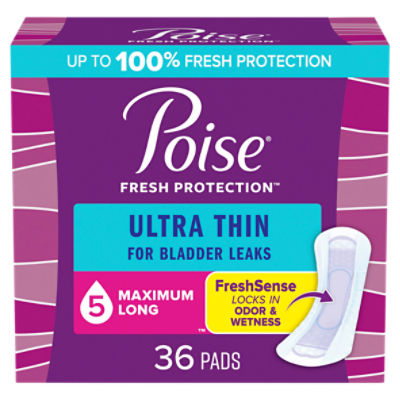 Poise Ultra Thin Incontinence Pads, 5 Drop Maximum Absorbency, Long Length