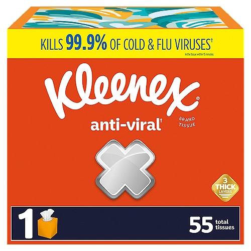 Kleenex Anti-Viral Tissues, 55 count
Kleenex Anti-Viral tissues are the only tissue that can kill 99.9% of cold and flu viruses*. Whether you need tissues for your home, office or classroom, with Kleenex Anti-Viral Facial Tissues, you get 1 cube box of 55 antiviral tissues, so you have plenty for everyone. Kleenex Anti-Viral tissue has a specially treated middle layer that wipes out cold and flu viruses in the tissue. When moisture hits the middle layer, the tissue will kill 99.9% of the viruses in the tissue. Plus, you can find a tissue box that fits your home because each tissue box is available in various colors and designs. Got the sniffles? Soothe that runny nose with a box of Kleenex Soothing Lotion or Kleenex Ultra Soft facial tissues. *Virucidal against: Rhinoviruses Type 1A and 2 (Rhinoviruses are the leading cause of the common cold), Influenza A and Influenza B (causes of the flu), Respiratory Syncytial Virus (RSV - the leading cause of lower respiratory tract infection in children)