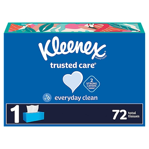 America's favorite tissue, Kleenex Trusted Care is perfect for everyday sniffles, sneezes and even little drips or spills! Whether you're looking for a box for your home or office, with Kleenex Trusted Care Facial Tissues, you get 1 rectangular box of 72 tissues, so you have plenty of single tissues for any occasion. Designed for runny noses and watery eyes, our dye-free, soft and strong tissue is thick and absorbent to keep hands clean. Plus, you can find tissue boxes that fit your home because each tissue box is available in various colors and designs. Got the sniffles? Soothe that runny nose with a box of Kleenex Soothing Lotion or Kleenex Ultra Soft facial tissues.