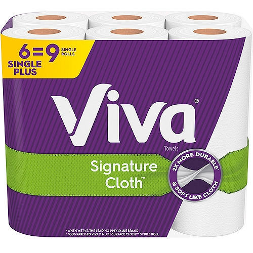 Viva Signature Cloth Paper Towels, the softest and most durable towel*, help you power through tough messes. You'll get plenty of paper towels for deep cleaning with 6 rolls with 70 sheets per roll. Our cloth paper towels are 2x more durable** and work great as rinse and reuse towels to help make cleaning easy. Clean your home with confidence thanks to our uniquely cloth-like paper towels. *when wet vs. nationally branded towels **when wet vs. the leading value brand