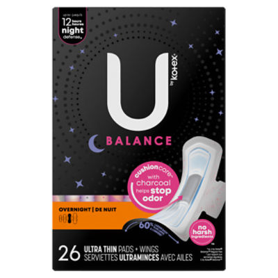 U by Kotex Balance Ultra Thin Overnight Pads with Wings, 26 Each