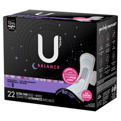 U by Kotex Balance Extra Heavy Overnight Ultra Thin Pads + Wings, 22 count  - The Fresh Grocer