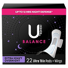 U by Kotex Balance Extra Heavy Overnight Ultra Thin Pads + Wings, 22 count