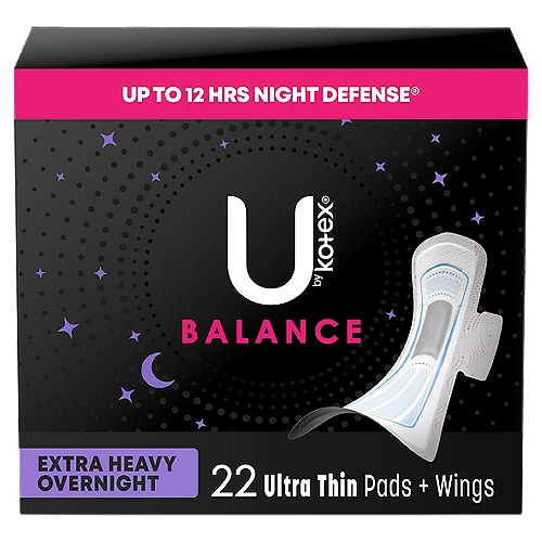 U by Kotex Balance Extra Heavy Overnight Ultra Thin Pads + Wings, 22 count