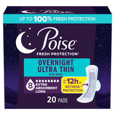 Poise Fresh Protection Extra Absorbent Long Overnight Ultra Thin with Wings Pads, 20 Count