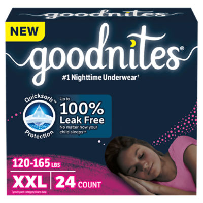 Goodnites Girls Nighttime Underwear, Sizes 18-20, XXL, 120-165 lbs, 24 count