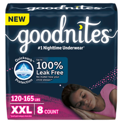 Goodnites Girls Nighttime Underwear, Sizes 18-20, XXL, 120-165 lbs, 8 Count, 8 Each