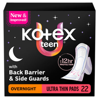 Kotex Night Defense Teen-Sized Overnight Ultra Thin Pads + Wings, 22 Count, 22 Each
