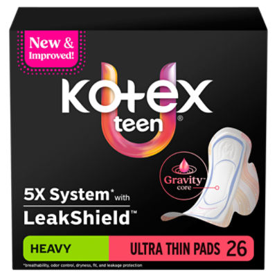 Kotex Teen-Sized Heavy Ultra Thin Pads + Wings, 26 Count, 26 Each