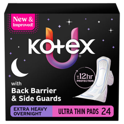 Kotex Night Defense Extra Heavy Overnight Ultra Thin Pads + Wings, 24 Count, 24 Each