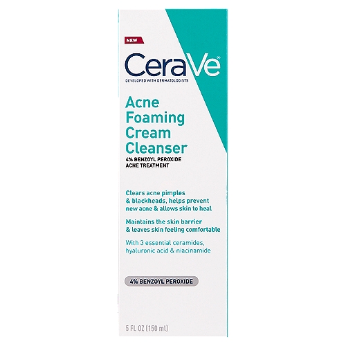 Cerave Acne Foaming Cream Cleanser, 5 fl oz
New. 4% benzoyl peroxide acne treatment. Clears acne pimples & blackheads, helps prevent new acne & allows skin to heal. Maintains the skin barrier & leaves skin feeling comfortable. With 3 essential ceramides, hyaluronic acid & niacinamide. Cleanse. Treat. Heal. Developed with dermatologists, this lightly foaming, creamy cleanser with 3 essential ceramides - cleanses and helps clear acne while leaving skin feeling soft and comfortable. This gentle, yet effective cleanser instantly dissolves dirt and oil without stripping skin of its natural moisture, helping to maintain the protective skin barrier. Skin will look and feet smoother and more clarified. This formula contains: 4% Benzoyl peroxide clears acne and helps prevent new acne pimples from forming. Hyaluronic acid. Helps retain skin's natural moisture. This formula is: Gentle on skin. Does not leave skin dry or flakey. Non-comedogenic. Won't clog pores. Actual size. www.cerave.com. Questions or comments? Toll-free number 1-888-768-2915. Made in USA of US and/or imported ingredients. Other information: Store at 20 degrees - 25 degrees C (68 degrees to 77 degrees F).

Drug Facts
Active ingredient - Purpose
Benzoyl peroxide - Acne treatment

Use
For the treatment of acne

Developed with dermatologists, this lightly foaming, creamy cleanser - with 3 essential ceramides - cleanses and helps clear acne while leaving skin feeling soft and comfortable.
This gentle, yet effective cleanser instantly dissolves dirt and oil without stripping skin of its natural moisture, helping to maintain the protective skin barrier.
Skin will look and feel smother and more clarrified.