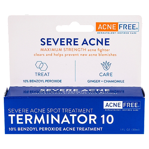 ACNE FREE Terminator 10 Severe Acne Spot Treatment, 1 fl oz
Help terminate spots! With maximum strength 10% micronized benzoyl peroxide, this spot treatment rapidly penetrates deep into pores to fight acne breakouts. It treats blemishes and helps prevent new acne breakouts. It also contains caring ingredients such as chamomile and ginger.

Acnefree is a dermatological approach to both treat acne and care for skin.

Drugs Facts
Active ingredient - Purpose
Benzoyl peroxide 10% - Acne treatment

Use
For the treatment of acne