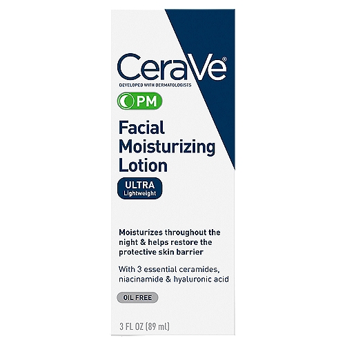 Cerave Facial Moisturizing Lotion, PM, Oil Free, Ultra Lightweight, 3 fl oz
Moisturizes throughout the night & helps restore the protective skin barrier. With 3 essential ceramides, niacinamide & hyaluronic acid. Paraben-free. Night Cerave PM Facial Moisturizing Lotion. For normal to dry skin. Cerave PM Facial Moisturizing Lotion - Developed with dermatologists, its unique formula - with 3 essential ceramides - moisturizes throughout the night and helps restore the protective skin barrier. MVE Technology: All night hydration. MVE Delivery Technology Controlled release for all night hydration. Non-comedogenic- Won't clog pores. Vitamin B3 Niacinamide - Helps calm skin. Fragrance-Free: To avoid fragrance irritation. www.cerave.com. Questions or comments? 1-888-768-2915. Add Cerave AM Facial Moisturizing Lotion to complete your daily facial moisturizing regimen. Day Cerave AM Facial Moisturizing Lotion with broad spectrum sunscreen (SPF 30). Made in USA of US and/or Imported Ingredients.

CeraVe PM Ultra Lightweight Facial Moisturizing Lotion
