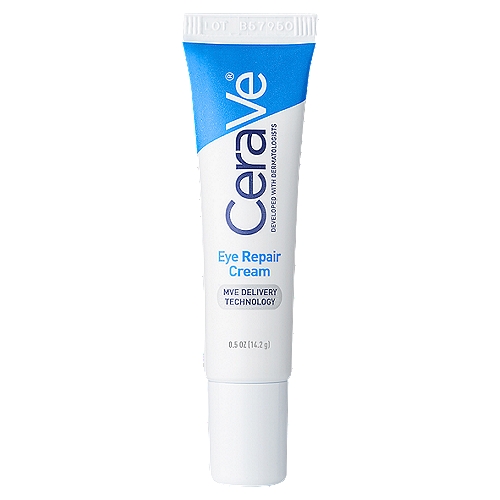 CeraVe Cream, Eye Repair, 0.5 oz
MVE delivery technology. Reduces the look of dark circle and puffiness. Helps repair and restore protective skin barrier. With ceramides and hyaluronic acid. New. Developed with dermatologists. CeraVe Eye Repair Cream, developed with dermatologists, is designed not only to visibly reduce dark circles and puffiness, but also to help repair and restore the delicate skin barrier around your eyes - leaving you with brighter, smoother, healthier looking eyes. Non-greasy and fast absorbing formula. Ceramides help repair the skin barrier. Marine & botanical complex helps reduce appearance of dark circles & puffiness. Hypoallergenic & non-comedogenic. Fragrance-free. This package is free of phthalates & BPA. Ceramides: Help replace lipid levels in damaged skin to repair, restore and maintain the skin's natural barrier. Hyaluronic Acid: An essential ingredient (humectant) that helps attract water to the top layer of the skin, ensures that the skin remains hydrated, and helps smooth the look of find lines and wrinkles. Marine & Botanical Complex: This unique complex containing a highly purified form of marine algae (aldavine) and chrysanthellis, a botanical found in Africa, works to support micro-circulation and helps reduce the look of dark circles and puffiness under the eyes. Niacinamide: Helps the skin produce more natural ceramides and fatty acids essential for repairing and restoring the skin barrier. May reduce skin redness. Patented, Controlled-Release MVE Technology: Works by trapping ingredients within multi-layered vesicles that are slowly released, layer by layer, over time. Questions/Comments: 1-800-321-4576. www.cerave.com.

MVE® Technology
Controlled release for all day hydration

Hyaluronic Acid
Helps retain skin's natural moisture

Marine & Botanical Complex
Helps brighten the eye area

Niacinamide
Helps calm skin
