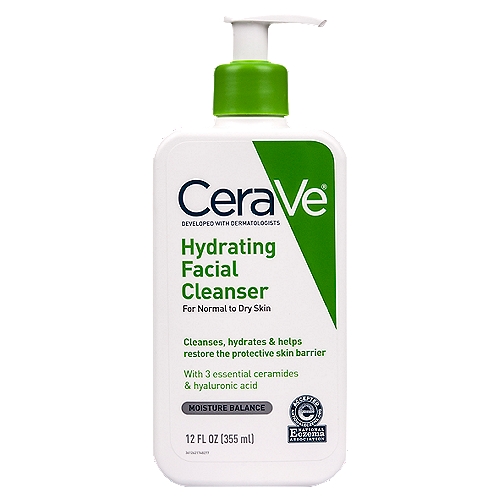 CeraVe Hydrating Facial Cleanser, 12 fl oz
CeraVe - Developed with dermatologists. Cleanses, hydrates & helps restore the protective skin barrier. With 3 essential ceramides & hyaluronic acid. Moisture balance. CeraVe Hydrating Facial Cleanser developed with dermatologists, its unique formula - with 3 essential ceramides - cleanses, hydrates and helps restore the protective skin barrier. MVE Delivery Technology - Controlled release for all day hydration. Hyaluronic Acid - Helps retain skin's natural moisture. Non-Comedogenic - Won't dog pores. Fragrance Free - To avoid fragrance irritation. Gentle on skin. Paraben-free. Non-drying. Eczema National Association accepted. nationaleczema.org. www.cerave.com. Questions or Comments? 1-888-768-2915; www.cerave.com. Made in USA of US and/or imported ingredients.
