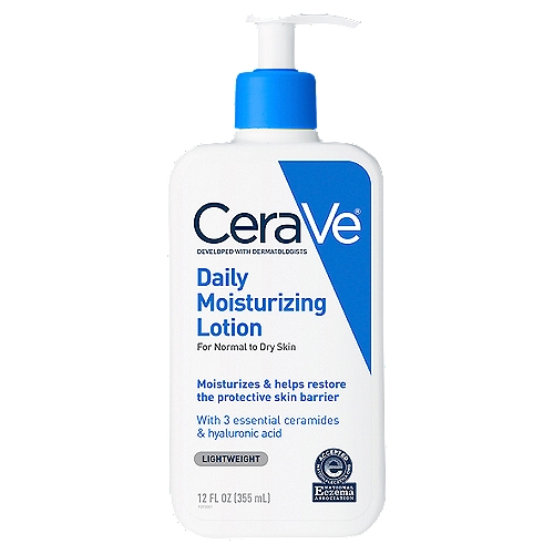 Cerave Daily Moisturizing Lotion, Lightweight, 12 fl oz
For normal to dry skin. Moisturizes & helps restore the protective skin barrier. With 3 essentials ceramides & hyaluronic acid. National Eczema Association. Accepted. nationaleczema.org. Developed with dermatologists. CeraVe Daily Moisturizing Lotion Developed with dermatologists, its unique formula - with 3 essential ceramides - moisturizes and helps restore the protective skin barrier. MVE Delivery Technology: Controlled release for all day hydration. Lightweight & Oil Free: Non-comedogenic, won't clog pores. Hyaluronic Acid: Helps retain skin's natural moisture. Fragrance Free: To avoid fragrance irritation. Gentle on skin. Hypoallergenic. Non-irritating. www.cerave.com. Questions or comments? 1-888-768-2915. Made in USA.