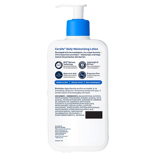 Developed with dermatologists, CeraVe Daily Moisturizing Lotion has a unique, lightweight formula that provides 24-hour hydration and helps restore the protective skin barrier with three essential ceramides (1,3,6-II). The formula also contains hyaluronic acid to help retain skin’s natural moisture. (12 oz)