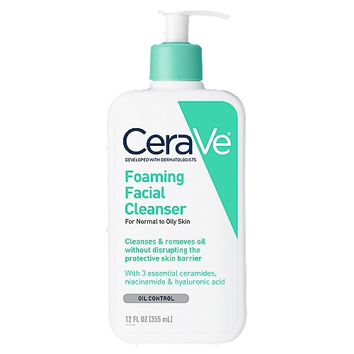 CeraVe Foaming Facial Cleanser, 12 fl oz
Developed with dermatologists, its unique formula - with 3 essential ceramides - cleanses and removes oil without disrupting the protective skin barrier.

Foaming Action - Gently refreshes and cleanses
Niacinamide - Helps calm skin
Non-Comedogenic - Won't clog pores
Fragrance Free - To avoid fragrance irritation