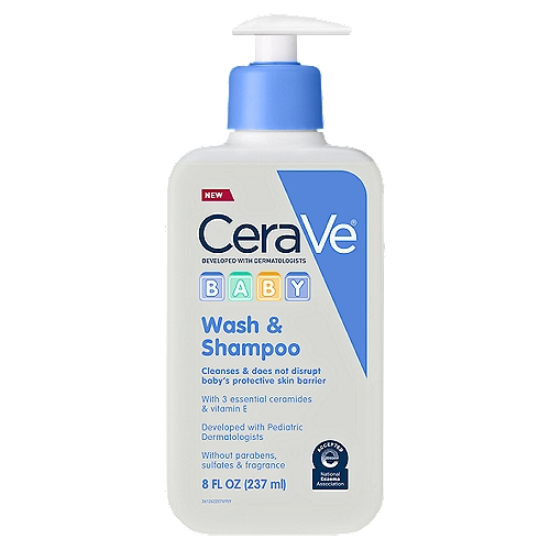 CeraVe Baby Wash & Shampoo, 8 fl oz
Developed with pediatric dermatologists, its formula - with 3 essential ceramides - gently cleanses baby's 30% thinner skin and does not disrupt baby's protective skin barrier as it develops.

This formula contains:
3 Essential Ceramides
Ceramides 1, 3, 6-11
Does not disrupt the barrier of baby's delicate skin
Vitamin E
Delivers soothing moisturizing benefits

This formula delivers:
Foaming action
Foams into a rich lather
Gentle on skin
Gently cleanses without drying