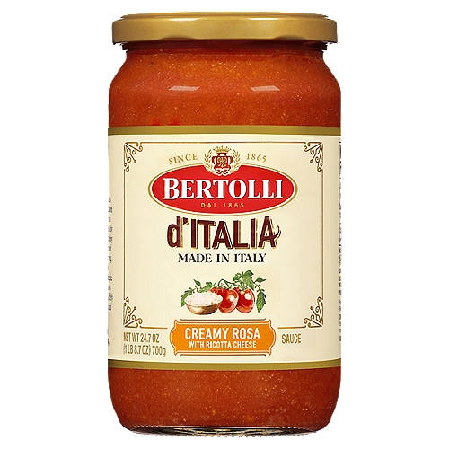Bertolli d'Italia Creamy Rosa Sauce, 24.7 oz
Made in Italy, Bertolli d'Italia sauces reflect Francesco Bertolli's appreciation for the simple pleasures of life; from uncomplicated food that highlights only the highest quality ingredients to the joy of connecting with loved ones around the table. Now Bertolli d'Italia sauces bring you the ultimate simplicity of Tuscan-style cooking by celebrating the bounty of ingredients - like tomatoes vine-ripened under the Italian sun, finely aged Italian cheeses, fresh cream, and Mediterranean olive oil.

Delicious taste crafted with the experience that only time can bring.