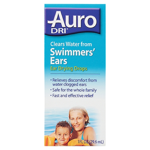 Auro DRI Ear Drying Drops, 1 fl oz
Drug Facts
Active ingredient - Purpose
Isopropyl alcohol 95% in an anhydrous glycerin 5% base - Ear drying aid

Use
Dries water in the ears and relieves water-clogged ears after
■ swimming
■ showering
■ bathing
■ washing the hair