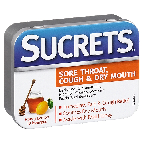 SUCRETS Sore Throat, Cough & Dry Mouth Honey Lemon Lozenges, 18 count
Drug Facts
Active ingredients (per lozenge) - Purpose
Dyclonine hydrochloride 2 mg - Oral anesthetic/Analgesic
Menthol 5 mg - Cough suppressant
Pectin 6 mg - Demulcent

Uses temporarily relieves:
■ occasional minor irritation, pain, sore throat and sore mouth
■ cough associated with a cold or inhaled irritants
■ for protection of irritated areas in sore mouth and throat

Contains FD&C Yellow No.5 (tartrazine) as a color additive