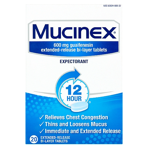 Mucinex Expectorant Extended-Release Bi-Layer Tablets, 600 mg, 20 count
600 mg Guaifenesin Extended-Release Bi-Layer Tablets

Uses
■ helps loosen phlegm (mucus) and thin bronchial secretions to rid the bronchial passageways of bothersome mucus and make coughs more productive

Drug Facts
Active ingredient (in each extended-release bi-layer tablet) - Purpose
Guaifenesin 600 mg - Expectorant