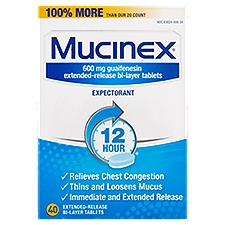 Mucinex Expectorant 600 mg, Extended-Release Bi-Layer Tablets, 40 Each