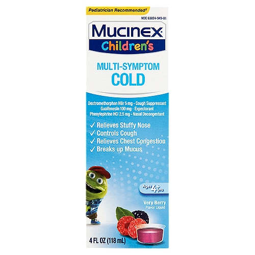 Mucinex Children's Multi-Symptom Cold Very Berry Flavor Liquid, Ages 4+ yrs, 4 fl oz
Each dose of Very Berry flavored Mucinex Children's Multi-Symptom Cold Liquid:
✓ Relieves stuffy nose
✓ Controls cough
✓ Relieves chest congestion
✓ Breaks up mucus

Uses
■ helps loosen phlegm (mucus) and thin bronchial secretions to rid the bronchial passageways of bothersome mucus and make coughs more productive
■ temporarily relieves:
 ■ cough due to minor throat and bronchial irritation as may occur with the common cold or inhaled irritants
 ■ the intensity of coughing
 ■ the impulse to cough to help your child get to sleep
 ■ nasal congestion due to a cold
 ■ stuffy nose

Drug Facts
Active ingredients (in each 5 ml) - Purposes
Dextromethorphan HBr 5 mg - Cough suppressant
Guaifenesin 100 mg - Expectorant
Phenylephrine HCl 2.5 mg - Nasal decongestant