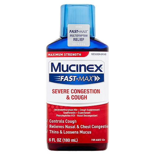Mucinex Fast-Max Maximum Strength Severe Congestion & Cough Liquid, For Ages 12+, 6 fl oz
Maximum Strength Severe Congestion & Cough Multisymptom Relief Liquid For Ages 12+

Mucinex® Fast-Max® Severe Congestion & Cough is now a red liquid.

Uses
■ helps loosen phlegm (mucus) and thin bronchial secretions to rid the bronchial passageways of bothersome mucus and make coughs more productive
■ temporarily relieves:
 ■ cough due to minor throat and bronchial irritation as may occur with the common cold or inhaled irritants
 ■ the intensity of coughing
 ■ the impulse to cough to help you get to sleep
 ■ nasal congestion due to a cold

Drug Facts
Active ingredients (in each 20 ml) - Purposes
Dextromethorphan HBr 20 mg - Cough suppressant
Guaifenesin 400 mg - Expectorant
Phenylephrine HCl 10 mg - Nasal decongestant