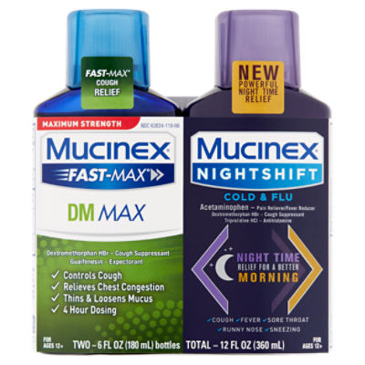 Mucinex Fast-Max DM Max & Nightshift Cold & Flu Liquid, For Ages 12+, 6 fl oz, 2 count