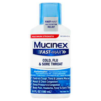 Mucinex Fast-Max Maximum Strength Cold, Flu & Sore Throat Liquid, for Ages 12+, 6 fl oz, 6 Fluid ounce