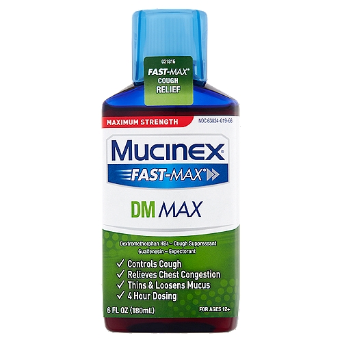 Mucinex Fast-Max DM Max Maximum Strength Cough Relief Liquid, For Ages 12+, 6 fl oz
Uses
■ helps loosen phlegm (mucus) and thin bronchial secretions to rid the bronchial passageways of bothersome mucus and make coughs more productive
■ temporarily relieves:
 ■ cough due to minor throat and bronchial irritation as may occur with the common cold or inhaled irritants
 ■ the intensity of coughing
 ■ the impulse to cough to help you get to sleep

Drug Facts
Active ingredients (in each 20 ml) - Purposes
Dextromethorphan HBr 20 mg - Cough suppressant
Guaifenesin 400 mg - Expectorant