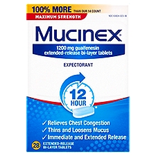 Mucinex Maximum Strength Expectorant Extended-Release Bi-Layer Tablets, 1200 mg, 28 count, 28 Each