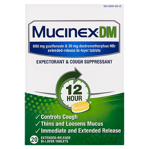 Mucinex DM Expectorant & Cough Suppressant Extended-Release Bi-Layer Tablets, 600 mg, 20 count
Uses
■ helps loosen phlegm (mucus) and thin bronchial secretions to rid the bronchial passageways of bothersome mucus and make coughs more productive
■ temporarily relieves:
■ cough due to minor throat and bronchial irritation as may occur with the common cold or inhaled irritants
■ the intensity of coughing
■ the impulse to cough to help you get to sleep

Drug Facts
Active ingredients (in each extended-release bi-layer tablet) - Purposes
Dextromethorphan HBr 30 mg - Cough suppressant
Guaifenesin 600 mg - Expectorant