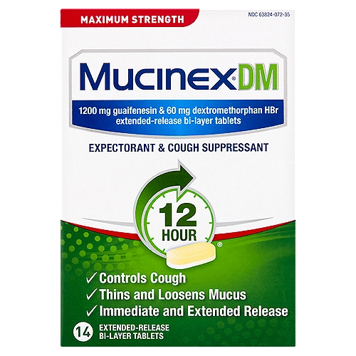 Mucinex DM Expectorant & Cough Suppressant Extended-Release Bi-Layer Tablets, 1200 mg, 14 count
DM Maximum Strength Expectorant & Cough Suppressant Extended-Release Bi-Layer Tablets

Uses
■ helps loosen phlegm (mucus) and thin bronchial secretions to rid the bronchial passageways of bothersome mucus and make coughs more productive
■ temporarily relieves:
 ■ cough due to minor throat and bronchial irritation as may occur with the common cold or inhaled irritants
 ■ the intensity of coughing
 ■ the impulse to cough to help you get to sleep

Drug Facts
Active ingredients (in each extended-release bi-layer tablet) - Purposes
Dextromethorphan HBr 60 mg - Cough suppressant
Guaifenesin 1200 mg - Expectorant
