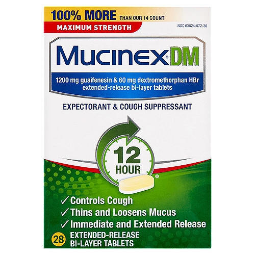 Mucinex DM Expectorant & Cough Suppressant Extended-Release Bi-Layer Tablets, 1200 mg, 28 count
DM Maximum Strength Expectorant & Cough Suppressant Extended-Release Bi-Layer Tablets

Uses
■ helps loosen phlegm (mucus) and thin bronchial secretions to rid the bronchial passageways of bothersome mucus and make coughs more productive
■ temporarily relieves:
 ■ cough due to minor throat and bronchial irritation as may occur with the common cold or inhaled irritants
 ■ the intensity of coughing
 ■ the impulse to cough to help you get to sleep

Drug Facts
Active ingredients (in each extended-release bi-layer tablet) - Purposes
Dextromethorphan HBr 60 mg - Cough suppressant
Guaifenesin 1200 mg - Expectorant