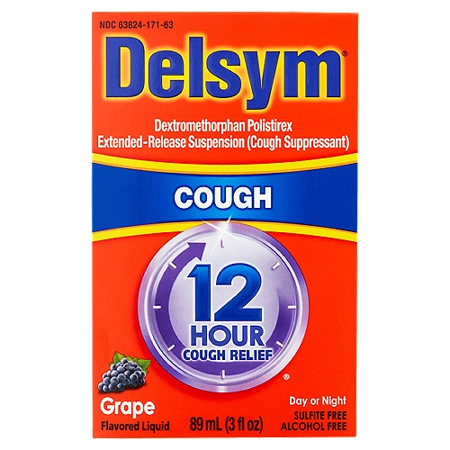 Delsym Cough Relief Day or Night Grape Flavored Liquid, 3 fl oz
Dextromethorphan Polistirex Extended-Release Suspension (Cough Suppressant)

Uses
Temporarily relieves
■ cough due to minor throat and bronchial irritation as may occur with the common cold or inhaled irritants
■ the impulse to cough to help you get to sleep

Drug Facts
Active ingredient (in each 5 ml) - Purpose
Dextromethorphan polistirex equivalent to 30 mg dextromethorphan hydrobromide - Cough suppressant